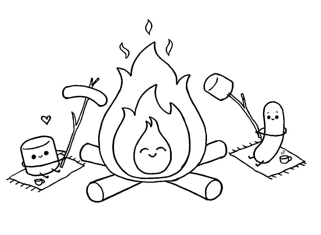 Disegno Falò simpatico con amici marshmallow e salsiccia da colorare