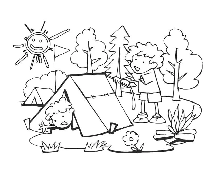 Disegno Ragazzi che campeggiamo nel bosco da colorare