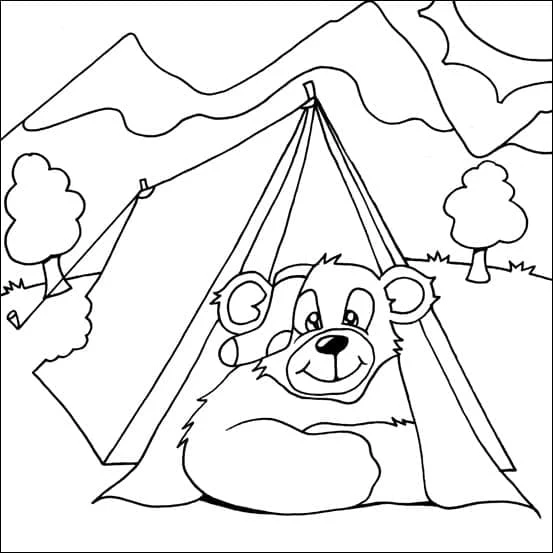 Disegno Orso da campeggio nella tenda da colorare