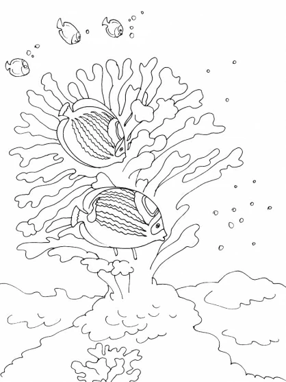Disegno Corallo con pesci che nuotano tra i suoi rami da colorare Disegno Corallo con pesci che nuotano tra i suoi rami da colorare