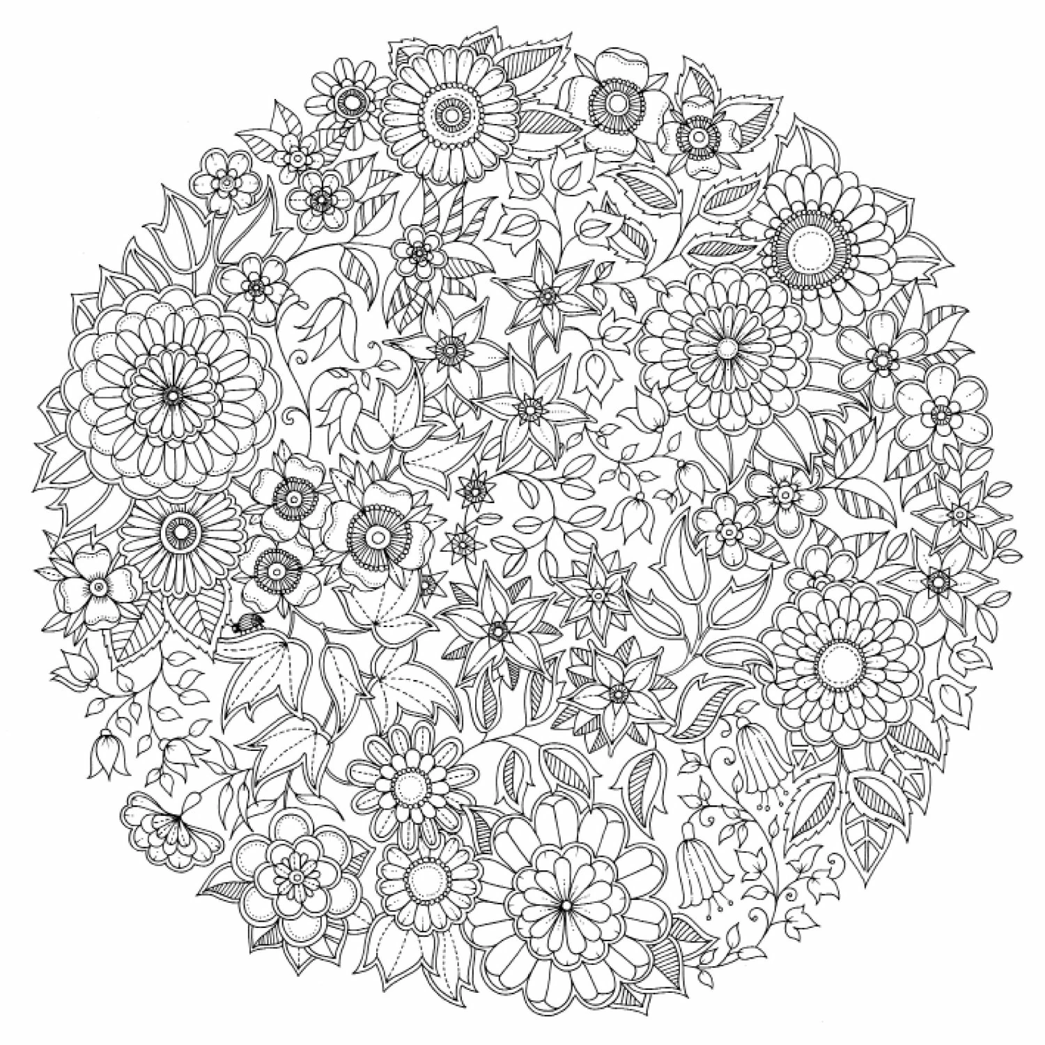 Disegno Fiori in un mandala circolare molto dettagliato da colorare