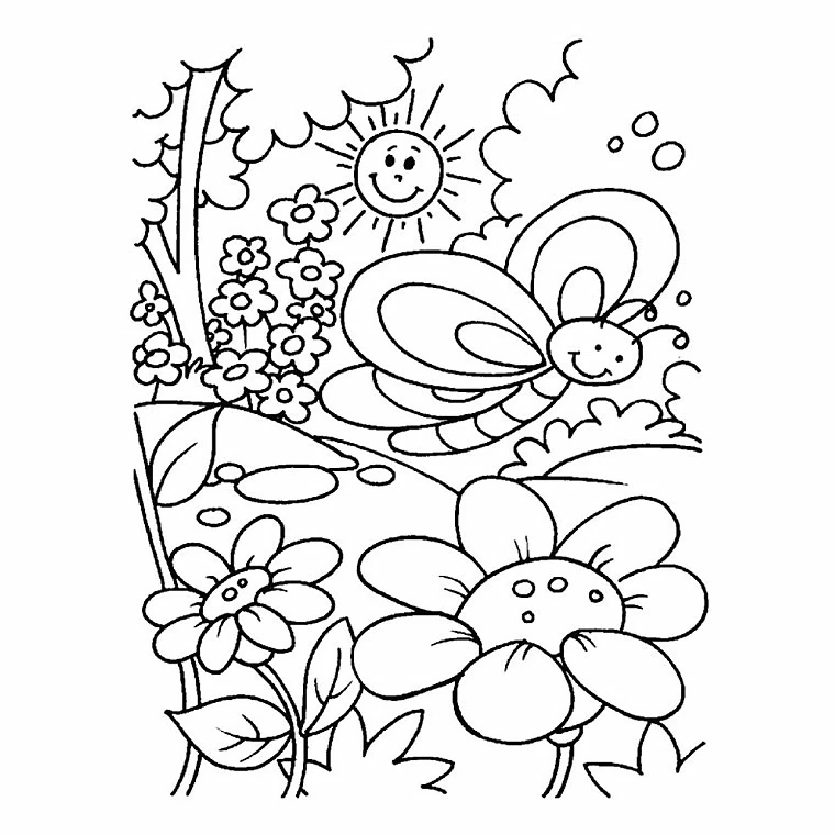 Disegno Farfalla e fiori sotto un sole sorridente da colorare