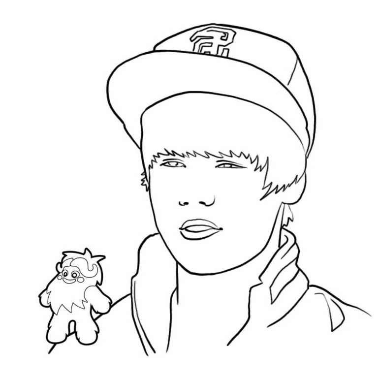 Disegno Justin Bieber con cappellino e una piccola figura di peluche da colorare Disegno Justin Bieber con cappellino e una piccola figura di peluche da colorare