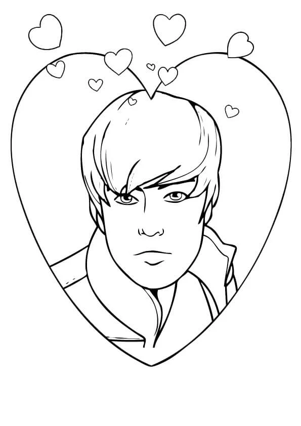 Disegno Justin Bieber dentro un grande cuore da colorare