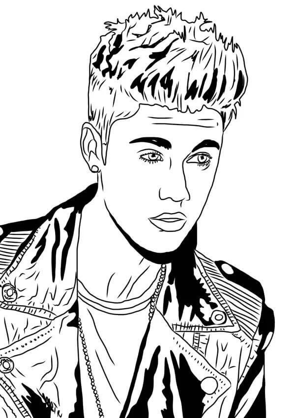 Disegno Justin Bieber in ritratto con giacca di pelle da colorare
