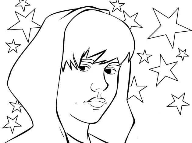 Disegno Justin Bieber ritratto con cappuccio e stelle da colorare Disegno Justin Bieber ritratto con cappuccio e stelle da colorare