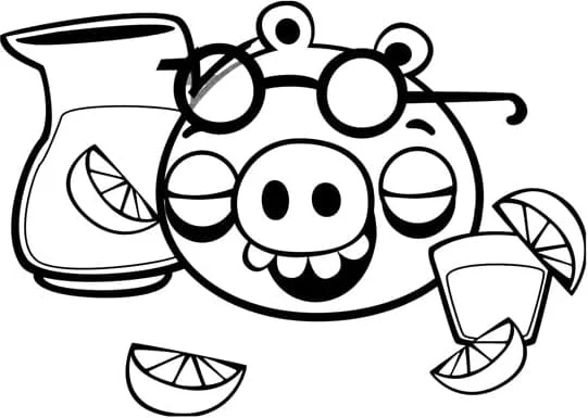 Disegno Angry Birds maiale con occhiali e limonata da colorare