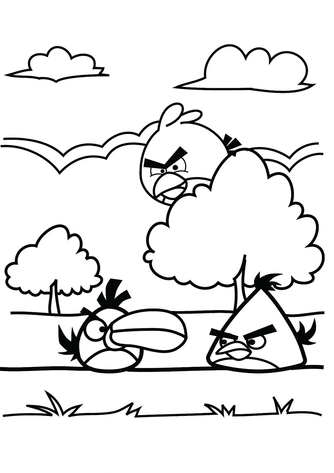 Disegno Angry Birds riuniti vicino agli alberi da colorare