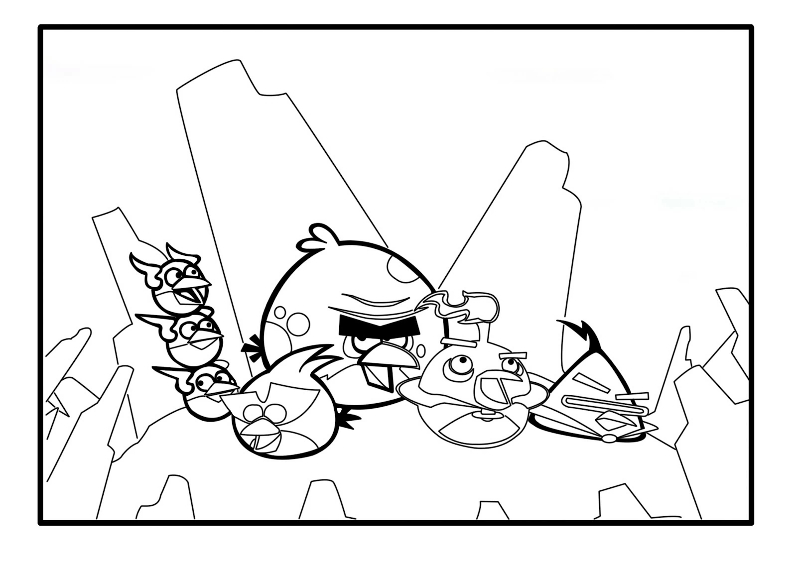 Disegno Angry Birds riuniti sulle rocce da colorare