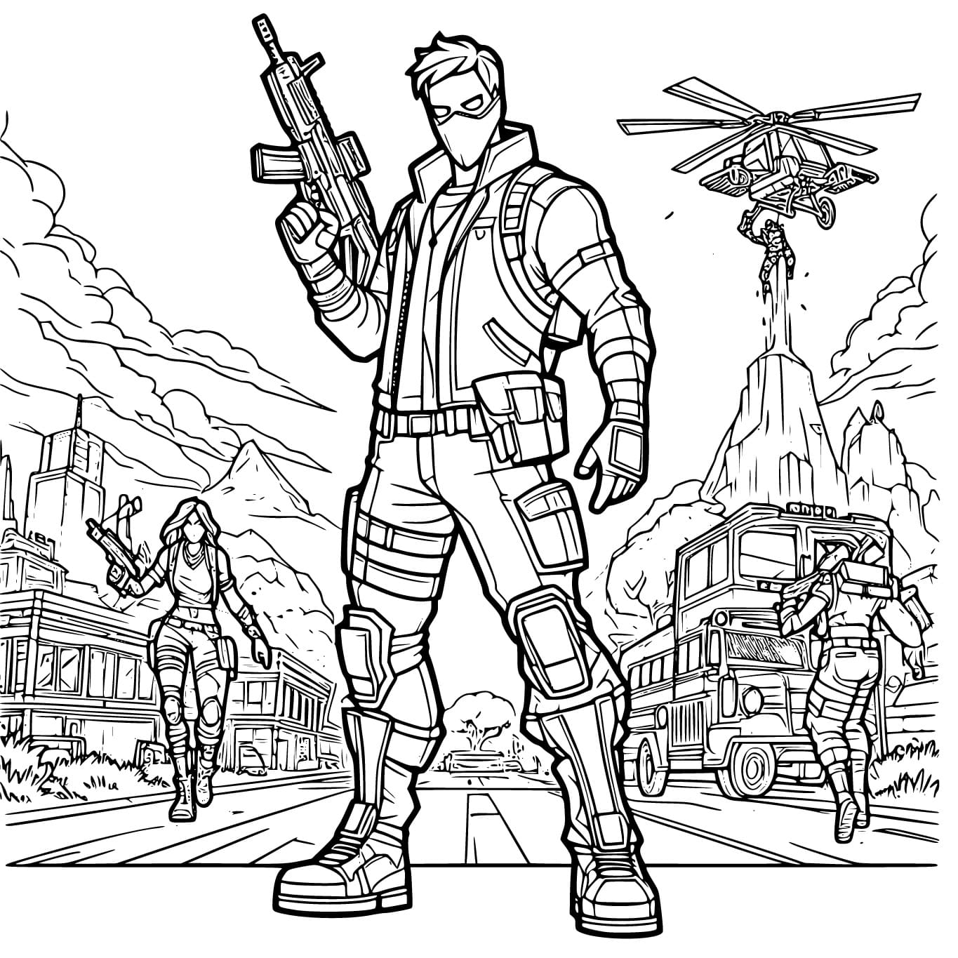 Disegno Fortnite scena di battaglia con soldato ed elicottero da colorare Disegno Fortnite scena di battaglia con soldato ed elicottero da colorare