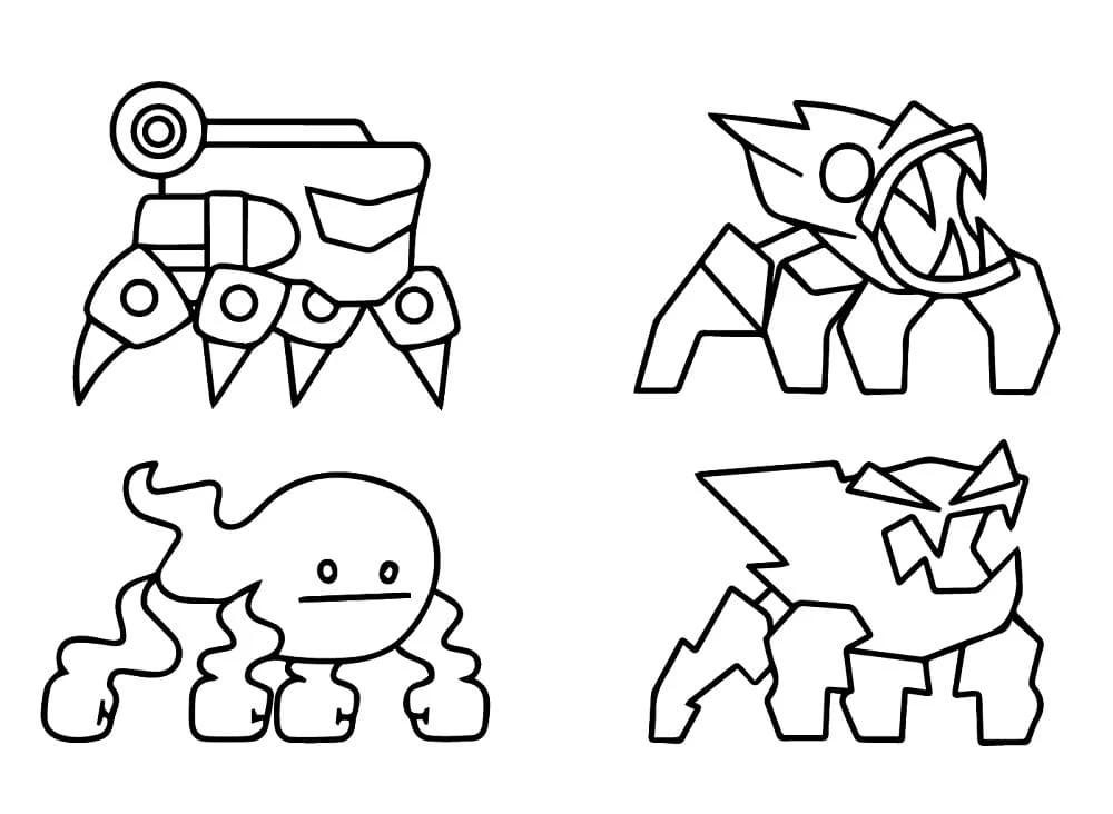 Disegno Quattro creature di Geometry Dash su zampe triangolari da colorare