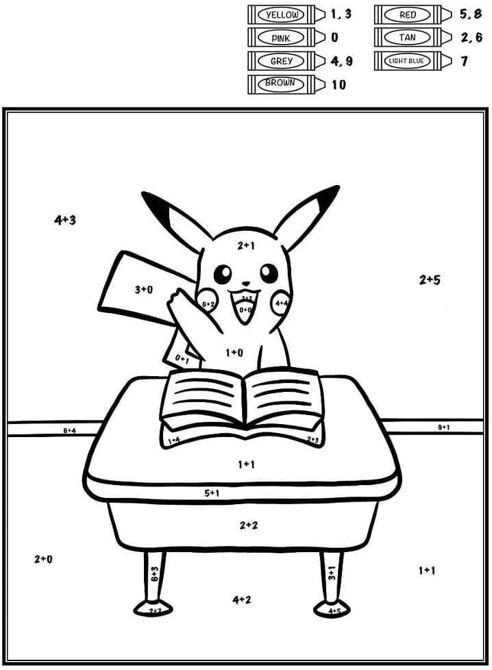 Disegno Pikachu risolve addizioni al banco di scuola da colorare