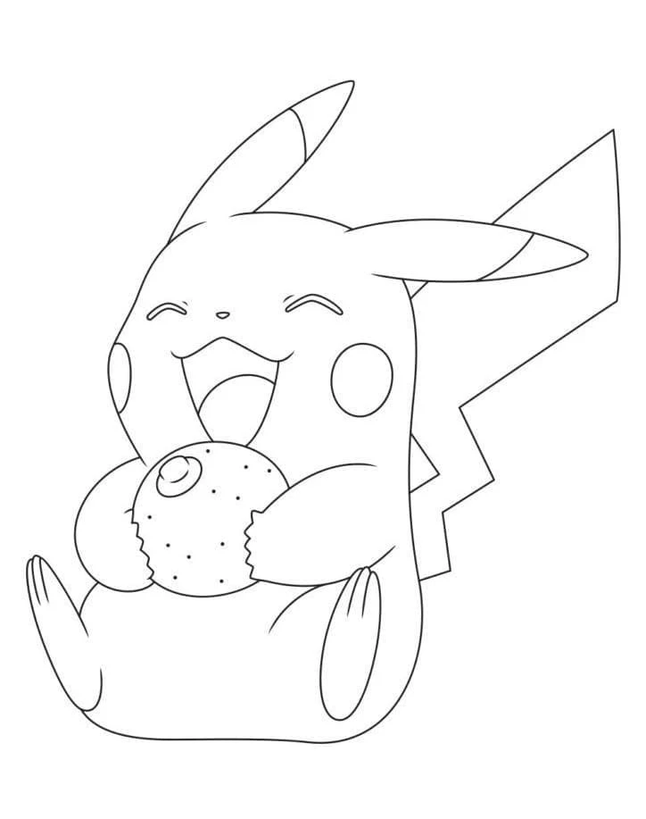 Disegno Pikachu molto felice mentre mangia una bacca da colorare Disegno Pikachu molto felice mentre mangia una bacca da colorare
