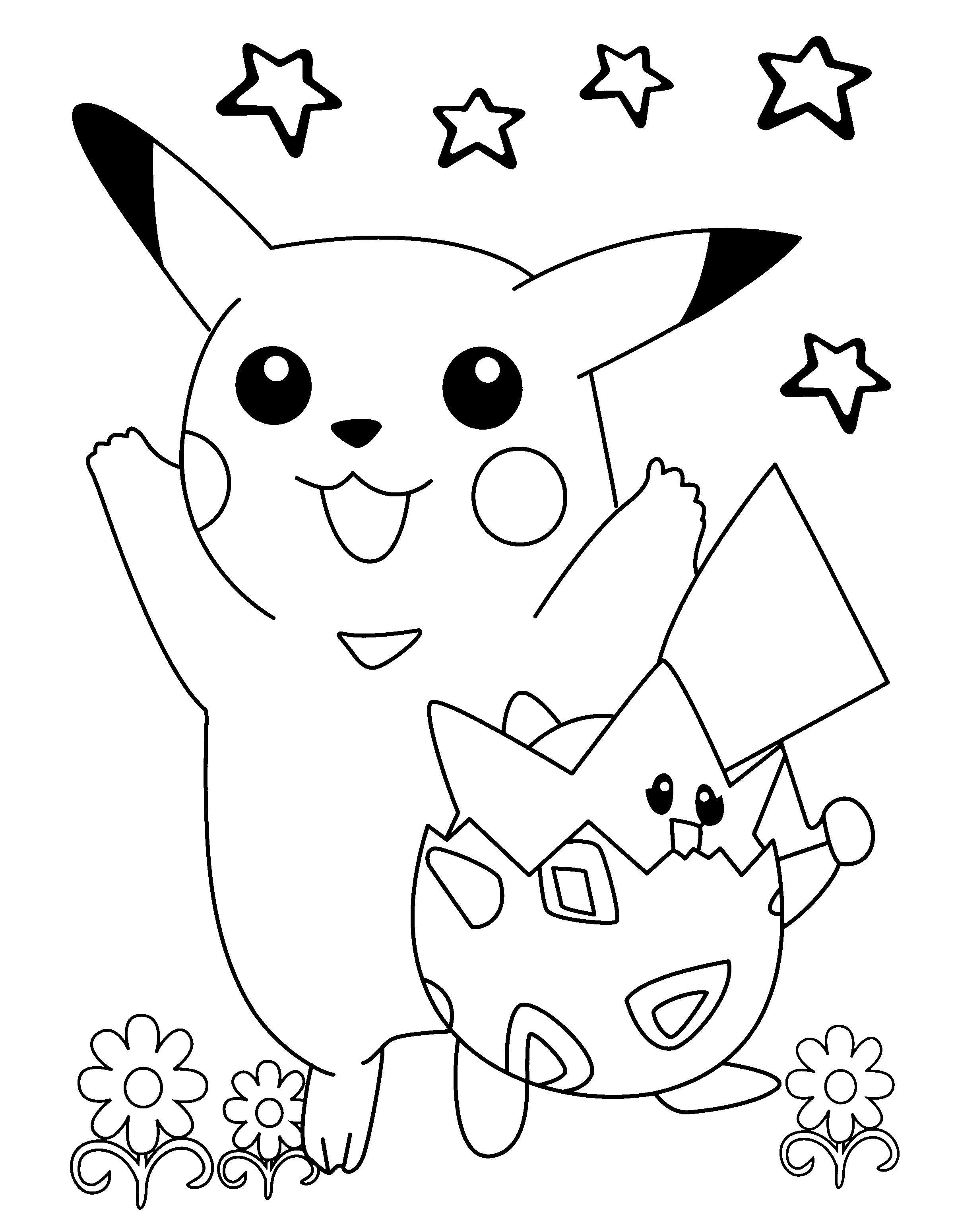 Disegno Pikachu e Togepi che giocano sotto le stelle da colorare