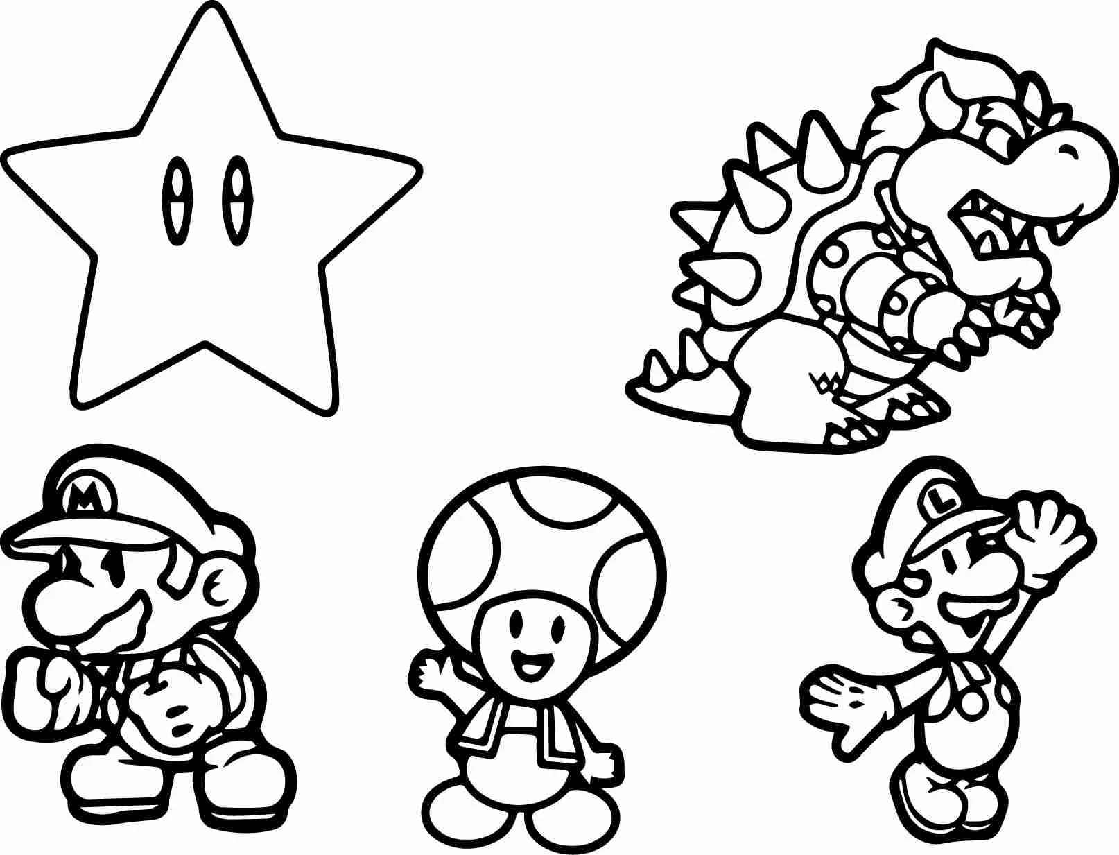 Disegno Rospo con Mario, Luigi, Bowser e una stella da colorare