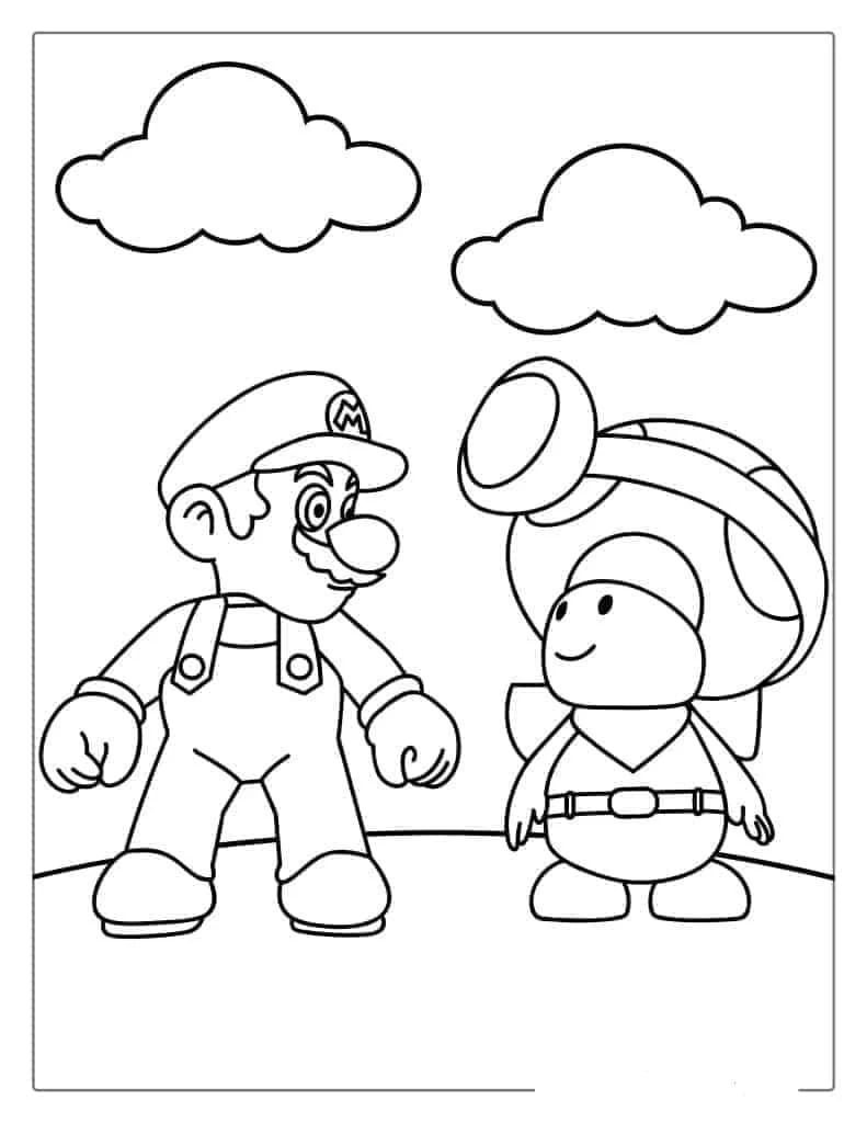 Disegno Toad in piedi vicino a Mario sotto le nuvole da colorare
