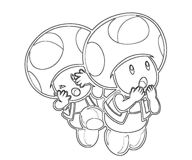 Disegno Toad e un piccolo amico fungo che saltano insieme da colorare Disegno Toad e un piccolo amico fungo che saltano insieme da colorare