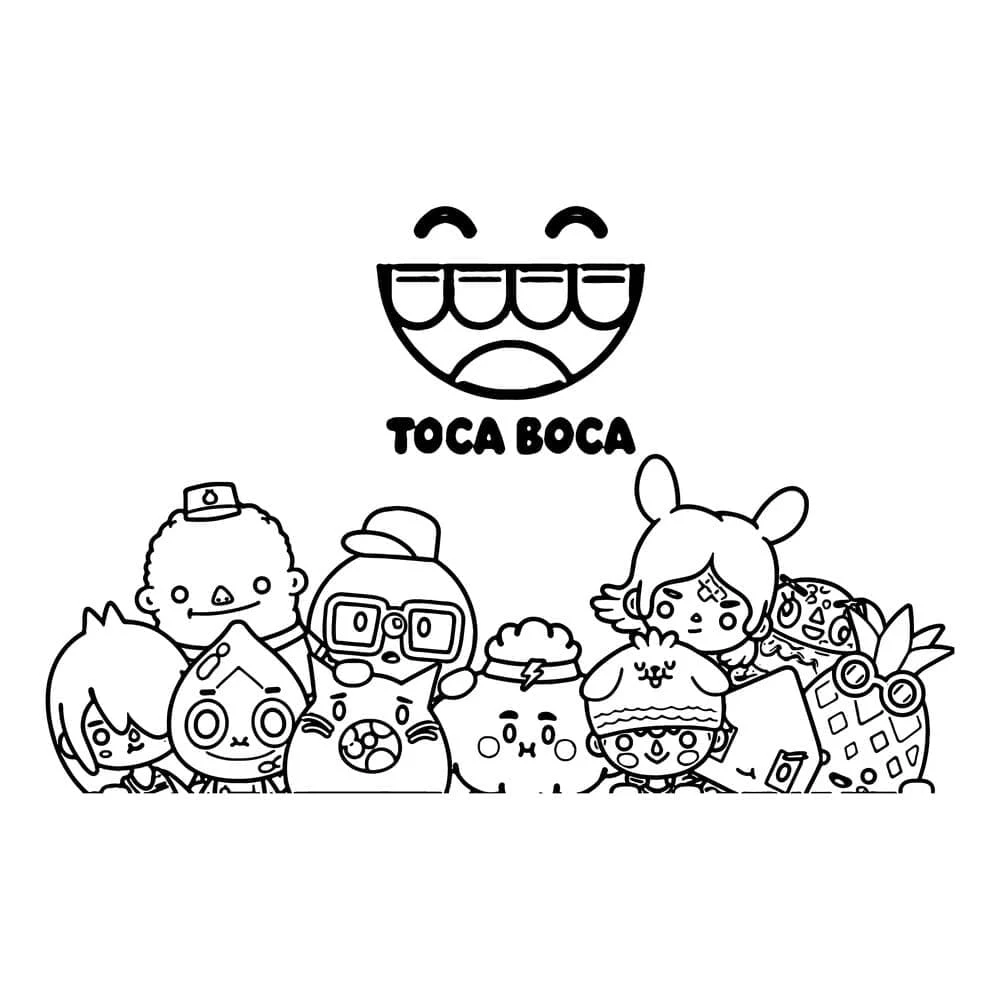 Disegno Toca Boca gruppo di personaggi con logo da colorare