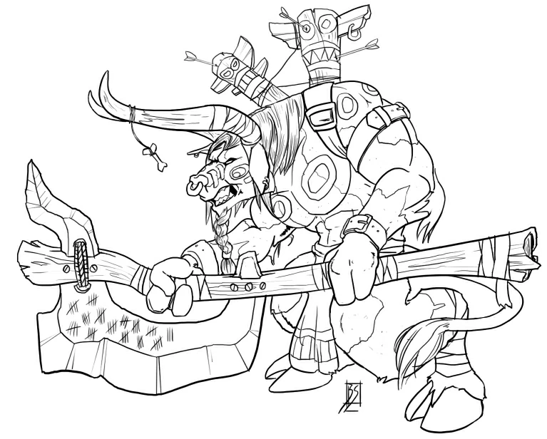 Disegno Tauren guerriero con una massiccia arma totemica da colorare