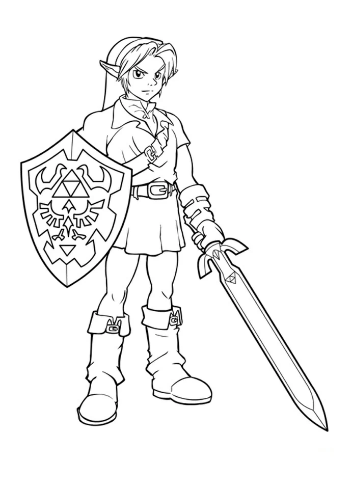 Disegno Zelda in piedi con spada e scudo da colorare