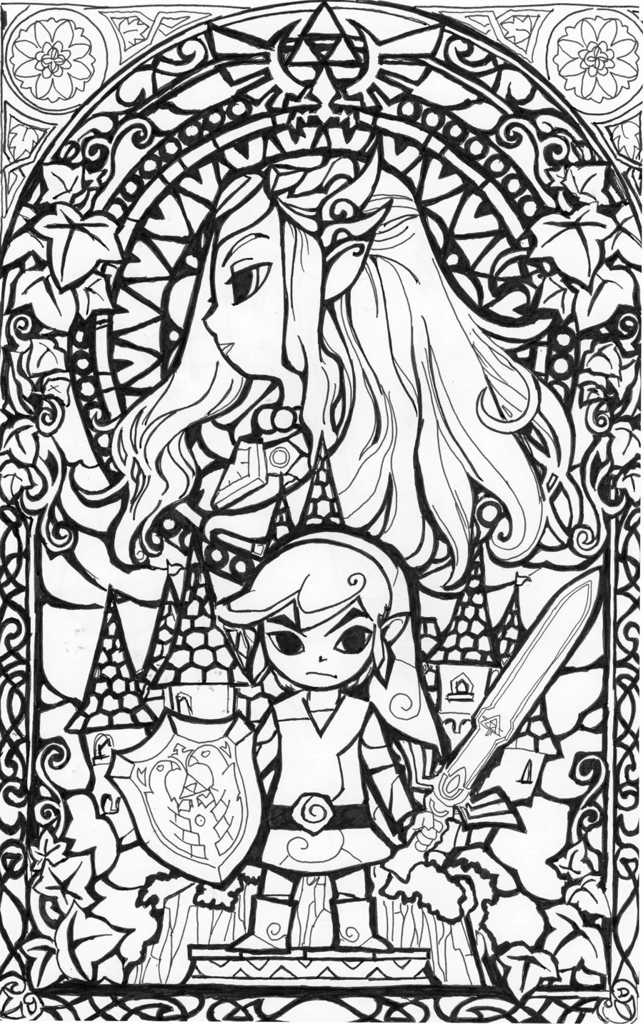 Disegno Zelda e Link in stile vetrata da colorare