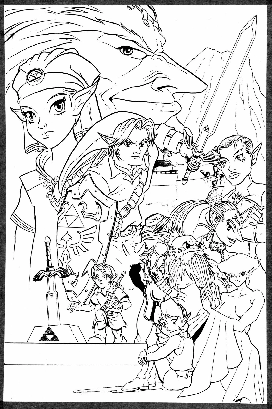 Disegno Personaggi di Zelda riuniti in una composizione epica da colorare Disegno Personaggi di Zelda riuniti in una composizione epica da colorare