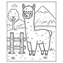 Disegno Alpaca in piedi vicino a una staccionata di legno da colorare
