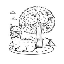 Disegno Alpaca sdraiato sotto un albero da colorare