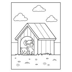 Disegno Cane e gatto seduti in una cuccia da colorare Disegno Cane e gatto seduti in una cuccia da colorare