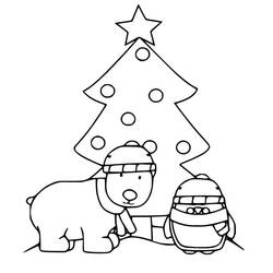 Disegno Orso Polare e pinguino sotto un albero di Natale da colorare