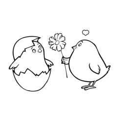 Disegno Pulcino che offre un fiore a un altro pulcino nell'uovo da colorare Disegno Pulcino che offre un fiore a un altro pulcino nell'uovo da colorare