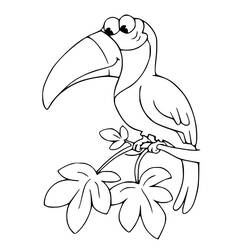 Disegno Tucano appollaiato su un ramo con foglie da colorare Disegno Tucano appollaiato su un ramo con foglie da colorare