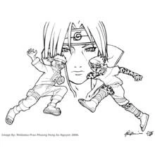 Disegno Naruto con due ninja che saltano in azione da colorare