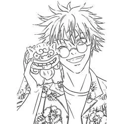 Disegno Satoru Gojo sorridente con un pupazzo a testa di leone da colorare