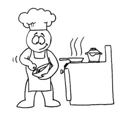 Disegno Cuoco che mescola una ciotola vicino ai fornelli da colorare Disegno Cuoco che mescola una ciotola vicino ai fornelli da colorare