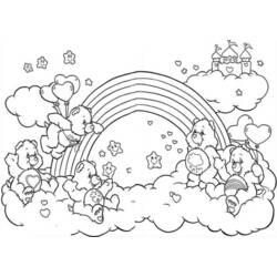 Disegno Care Bears che giocano tra le nuvole con un arcobaleno da colorare