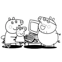 Disegno Peppa Pig in famiglia davanti al computer da colorare