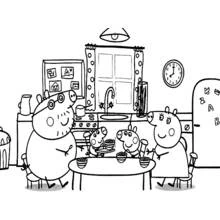 Disegno Peppa Pig colazione in famiglia in cucina da colorare