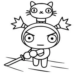Disegno Pucca con spada e Mio il gatto sulla testa da colorare