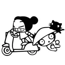 Disegno Pucca sullo scooter con Garu e il gatto da colorare
