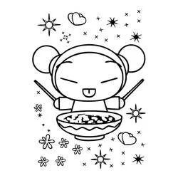 Disegno Pucca con bacchette sopra una ciotola di noodle da colorare