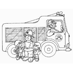 Disegno Sam il Pompiere con i bambini vicino al camion da colorare