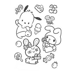 Disegno Pochacco, My Melody e amici con dolciumi da colorare Disegno Pochacco, My Melody e amici con dolciumi da colorare