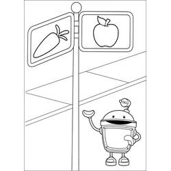 Disegno Bot vicino a un cartello con carota e mela da colorare Disegno Bot vicino a un cartello con carota e mela da colorare