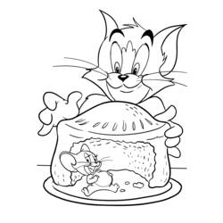 Disegno Tom osserva Jerry nascosto dentro una torta gigante da colorare