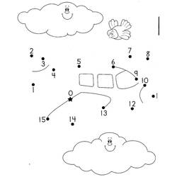 Disegno Aereo da unire con i punti tra nuvole sorridenti da colorare