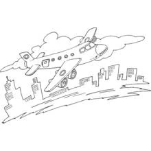 Disegno Aereo di linea che sorvola gli edifici della città da colorare Disegno Aereo di linea che sorvola gli edifici della città da colorare