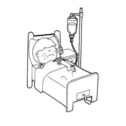Disegno Bambino sdraiato in un letto d'ospedale con flebo da colorare Disegno Bambino sdraiato in un letto d'ospedale con flebo da colorare