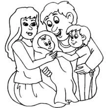 Disegno Famiglia riunita attorno a un neonato da colorare