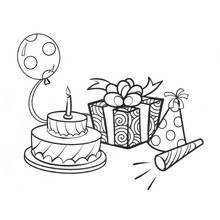 Disegno Torta di compleanno, regalo, palloncino e cappellino da festa da colorare